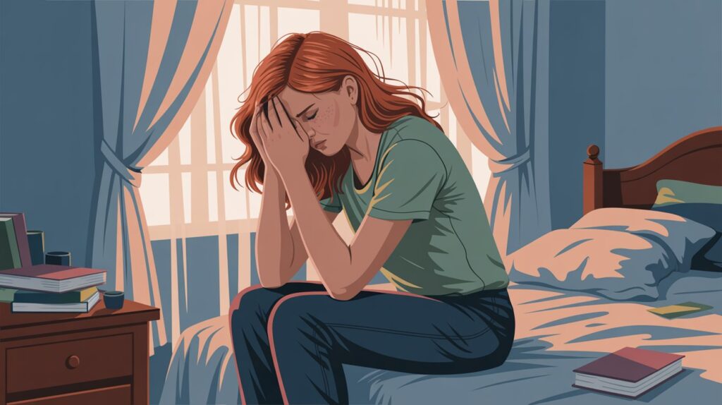 Illustration of a woman experiencing mood swings and emotional frustration – a common sign linked to long-term sexual inactivity.