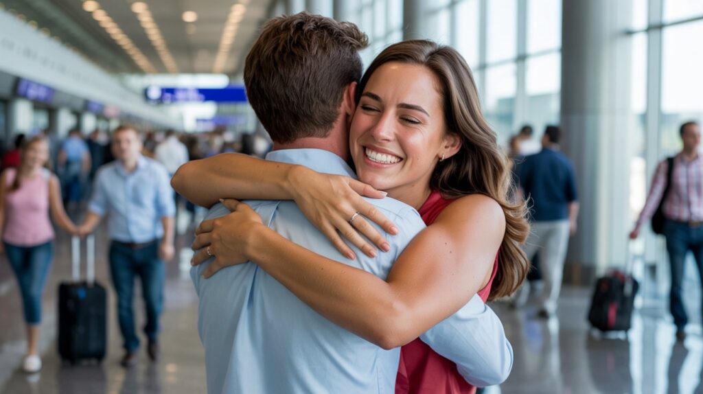 Happy couple embracing tightly at airport reunion—proof that long distance relationships can end in joyful closeness.