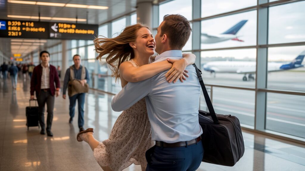 Happy long-distance couple reuniting at airport after separation.