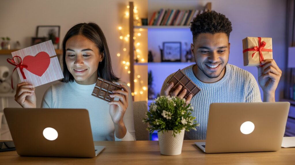 Young Couple Video Calling Each Other during Quarantine and Showing Valentine Gifts they Prepared
