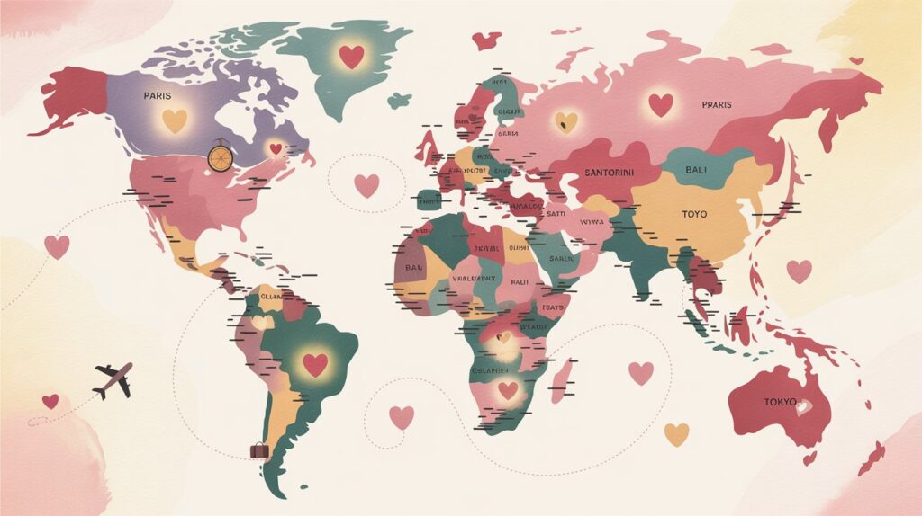 World map with hearts marking long-distance travel plans for couples.