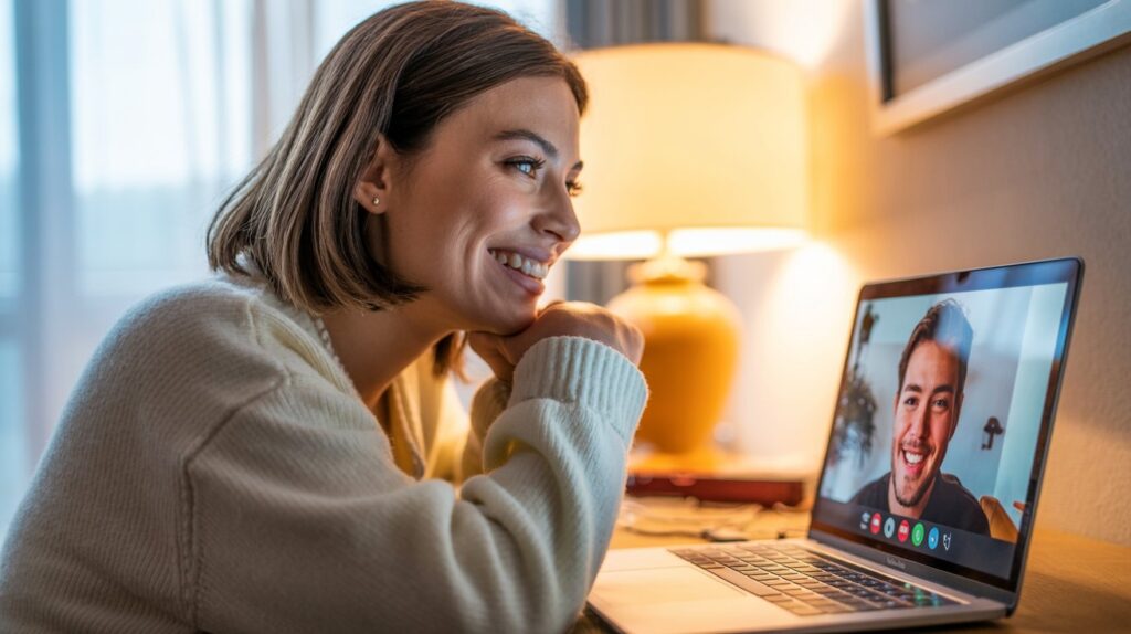 A couple video calling across continents, smiling despite the distance.
