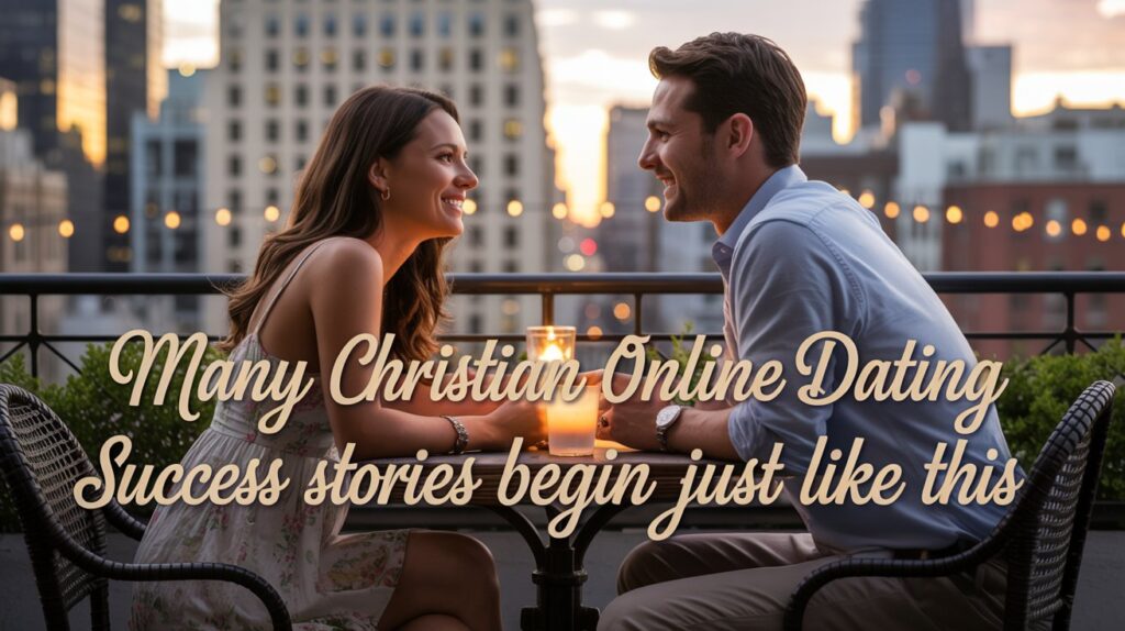 Smiling couple on a rooftop date—many Christian online dating success stories begin just like this.