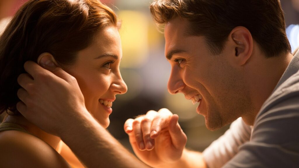 Man and woman sharing intense eye contact and warm smiles—classic body language of hidden attraction.