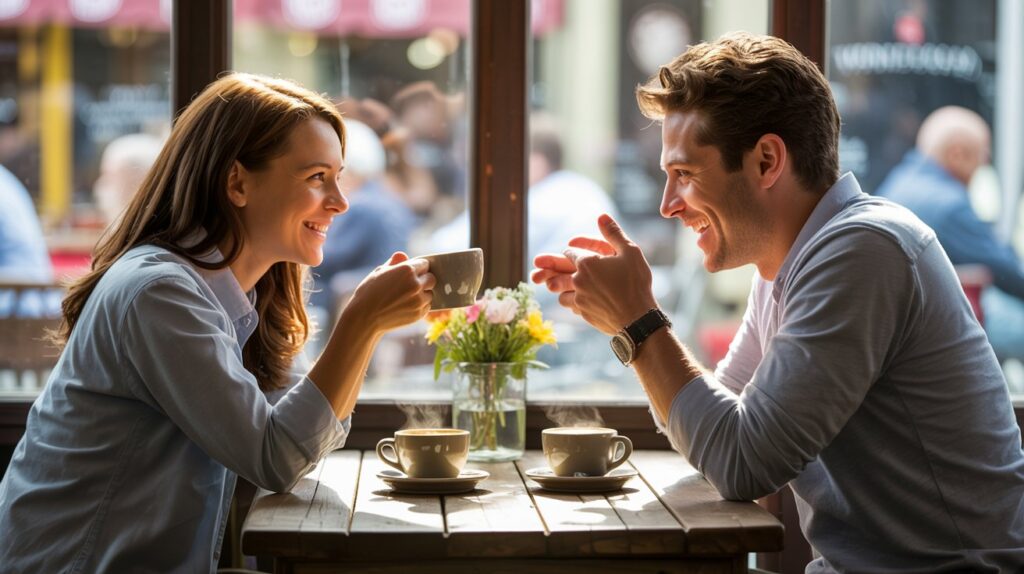 Happy couple on a real-life coffee date, connecting face-to-face
