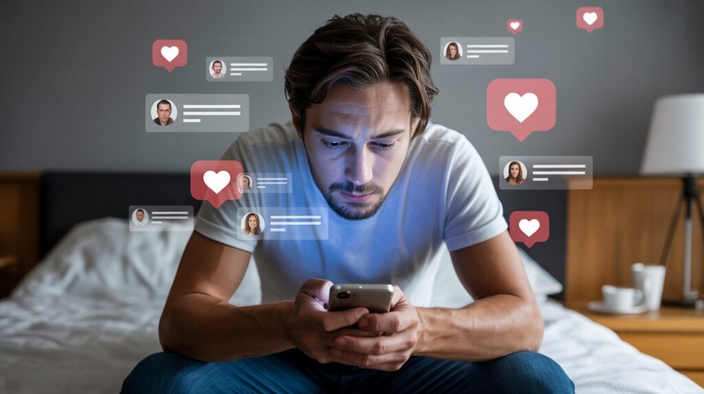 Frustrated man experiencing dating app burnout while scrolling on his phone surrounded by notification hearts